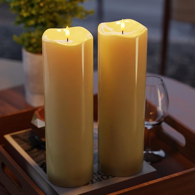 2pack 4"*14" Large Outdoors Flameless Candles Battery Operated with Remote & Timer, Waterproof Plastic LED Flickering Pillar Candles for Home Decoration, Weddings, Ivory