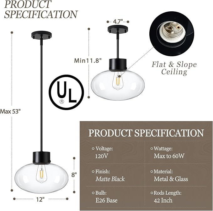Large Glass Pendant Lights Kitchen Island, 12 Inch 1-Light Black Pendant Light with Clear Globe Glass and Rods, Modern Hanging Lighting for Kitchen Dining Room Entryway, OS-JJ1513-1PLBK