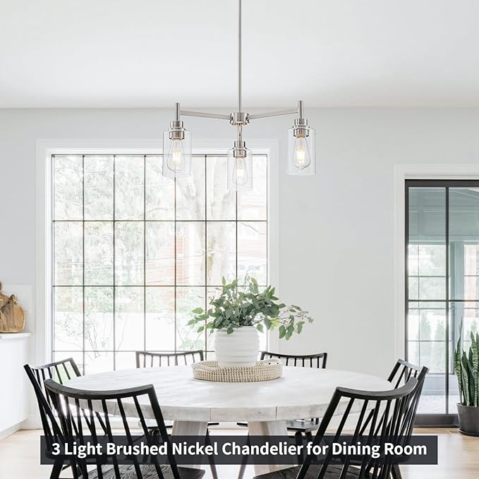 Brushed Nickel Chandeliers for Dining Room Farmhouse Chandelier Fixture with Clear Glass Shades 3 Light Kitchen Island Lighting Pendant Light Fixture for Dining Room Living Room Bedroom