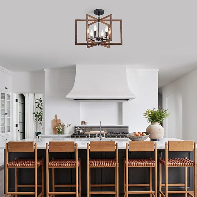 Modern Farmhouse Chandelier 20'' Black and Wood Grain 6-Light Pendant Lighting Fixture for Dining Living Room Kitchen Entryway, Geometric Metal Vintage Adjustable Hanging Chandelier Lamp