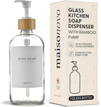 MaisoNovo Glass Hand Soap Dispenser | Dish Soap Dispenser for Kitchen | 16.9oz Clear Bottles with White Bamboo Pump | Bathroom Lotion Dispenser