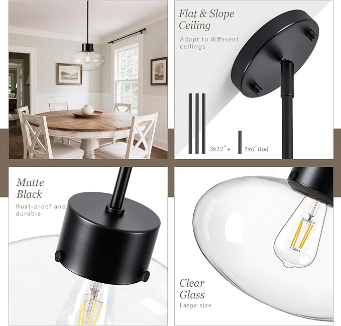 Large Glass Pendant Lights Kitchen Island, 12 Inch 1-Light Black Pendant Light with Clear Globe Glass and Rods, Modern Hanging Lighting for Kitchen Dining Room Entryway, OS-JJ1513-1PLBK