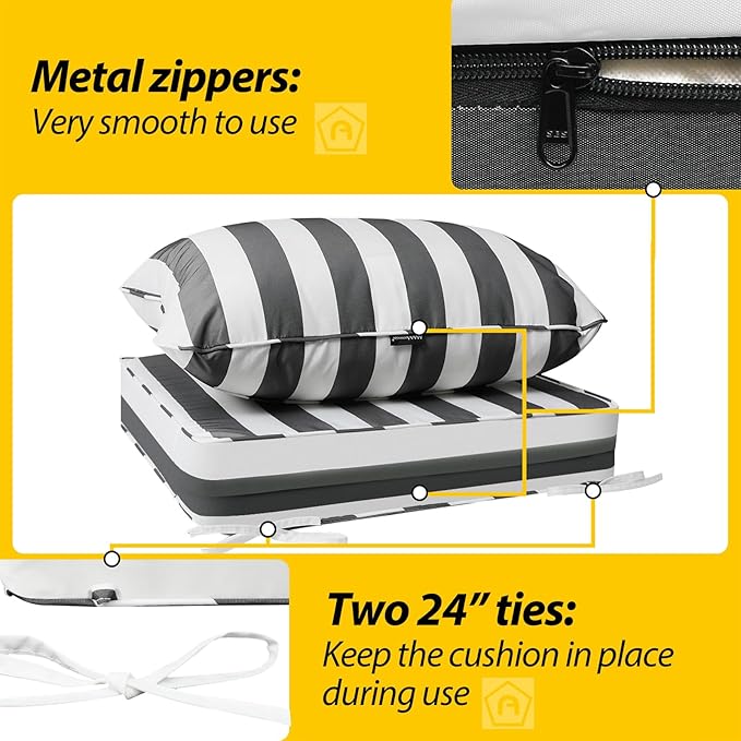 AAAAAcessories Outdoor Deep Seat Cushions, Waterproof, Fade-Resistant Patio Furniture Replacement Cushions, 25.5" x 25.5" x 5" + 25.5" x 19", Gray Cabana Stripe