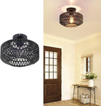 Boho Rattan Ceiling Light Fixture, Mini Rattan Chandelier Lighting Fixture, Hand Woven Ceiling Light Fixtures for Hallway Bedroom Kitchen Entryway Living Room (Black)