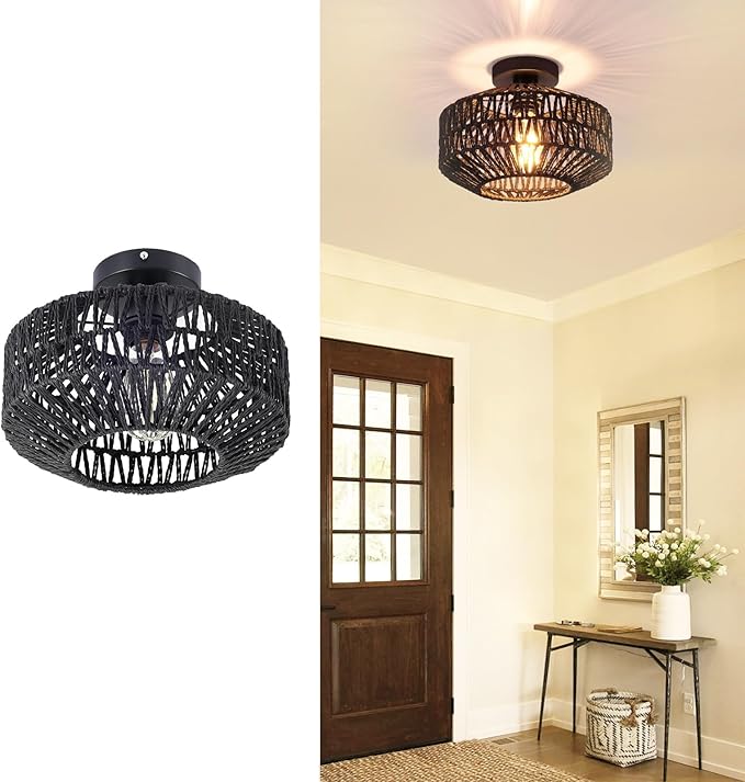 Boho Rattan Ceiling Light Fixture, Mini Rattan Chandelier Lighting Fixture, Hand Woven Ceiling Light Fixtures for Hallway Bedroom Kitchen Entryway Living Room (Black)