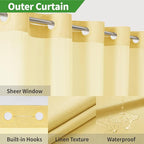 No Hooks Needed Linen Textured Shower Curtain with Snap-in Fabric Liner Set,Hotel Luxury Decor Shower Curtains for Bathroom with Mesh Top Window,Waterproof & Washable,71Wx74H,Gold
