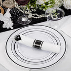 WELLIFE 210Pcs Black Plastic Dinnerware with Pre Rolled Napkins, Include:30 Dinner Plates, 30 Dessert Plates, 30 Paper Napkins, 30 Cups, 90 Plastic Cutlery
