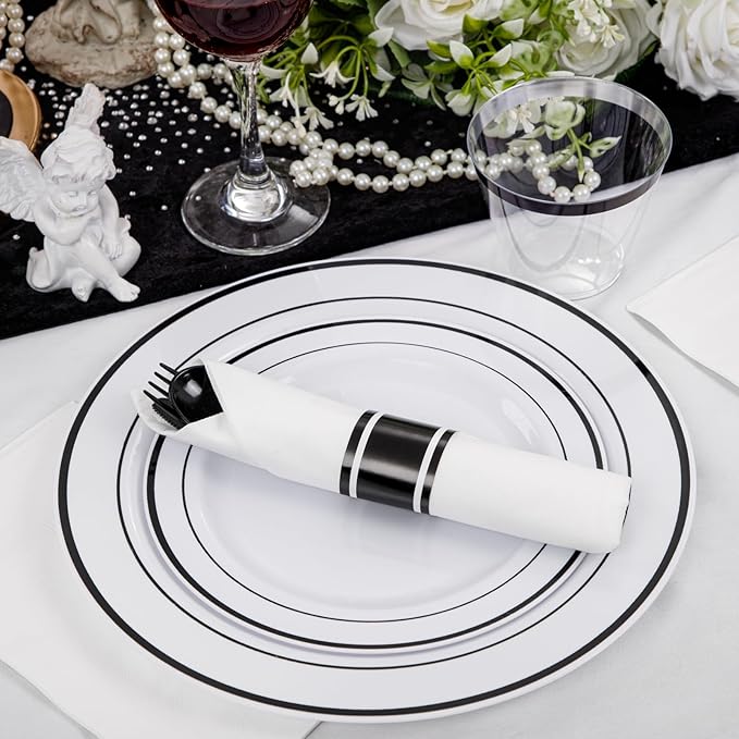 WELLIFE 210Pcs Black Plastic Dinnerware with Pre Rolled Napkins, Include:30 Dinner Plates, 30 Dessert Plates, 30 Paper Napkins, 30 Cups, 90 Plastic Cutlery