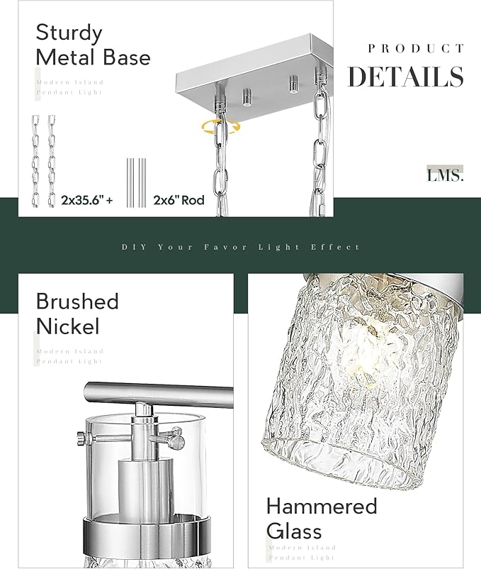 LMS 4-Light Brushed Nickel Island Chandelier Lights for Kitchen, Mid Century Pendant Light with Hammered Glass Shade, Farmhouse Dining Room Light Fixture, Kitchen Island, LMS-171BN-4