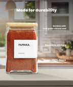 APT 1101 Glass Square Spice Jars with Labels, 4oz Glass Jars with Bamboo Lids, Spice Bottles, Seasoning Organizer, 12 Pack (White)