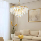 Gold Crystal Chandelier for Dining Room, 24" Modern Round Top K9 Crystal Chandeliers 5-Tier 8 Lights Adjustable Ceiling Hanging Pendant Light Fixture for Living Room Bedroom Foyer