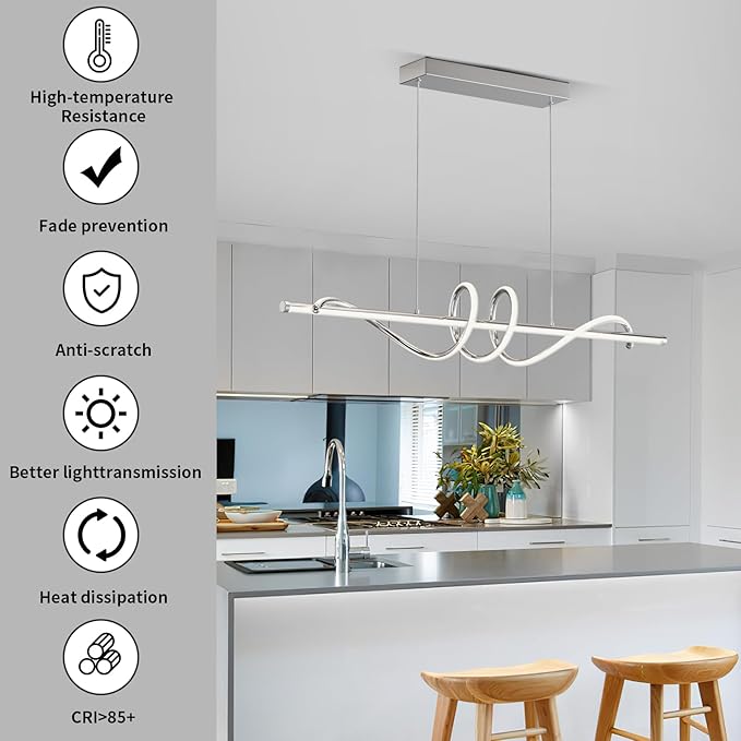 Modern Pendant Light Kitchen Island 39in Dimmable Hanging Lamp 3000k-6000K Adjustable Warm/Nautral/White with Remote Control, Kitchen Island Lighting Chrome Silver