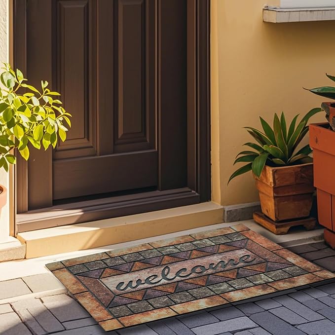 Door Mat Welcome Mat, Heavy Duty Door Mat 23.6 x 35.4 Inch Front Rug Doormat for Outdoor Entrance Home Non-Slip Rubber Rug for Front Door, Outside, Entryway, Patio (Brown Welcome)
