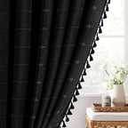 MitoVilla Black Boho Small Stall Shower Curtain Set 36 x 72, Farmhouse Narrow Polyester Linen Fabric Shower Curtains for Bathroom Decor, Half Size Cloth Shower Curtain Set with Hooks