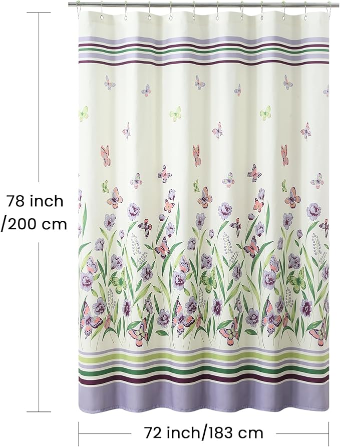 Fabric Shower Curtain 78 Inches Long, Butterfly Garden Flower Plant Shower Curtains for Bathroom, Purple and Cream Floral Bathroom Curtains, 72" W x 78" H