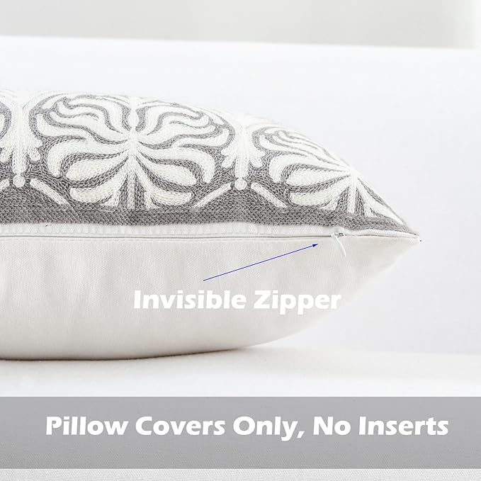 HWY 50 Grey Gray Decorative Lumbar Pillow Cover Rectangle 12x20 Inch (1 Piece), Embroidered Cotton Farmhouse Cushion Cover Pillow Case for Sofa Couch Living Room Bed, Minimalist Floral