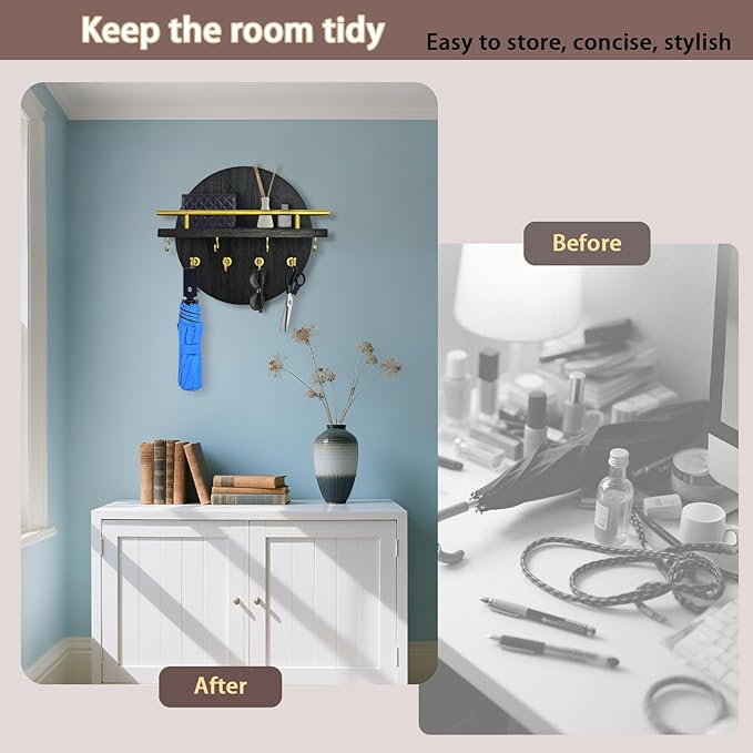 Key Holder Wall Mount with Shelf and Hooks, 11.8 Inch Entryway Gold Key Rack Hanger, Rustic Key Holder for Wall Decor