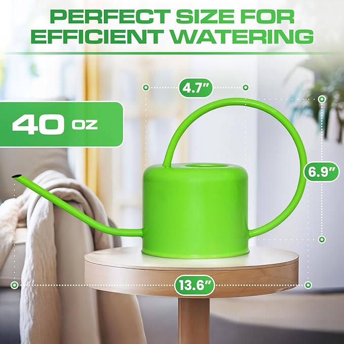 Plexon 40 oz Green Powder Coated Steel Watering Can Indoor Plants - Long Spout Watering Can Outdoor House Plant Flower, Garden