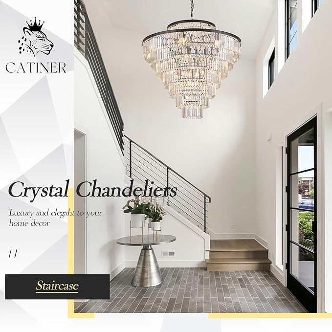 43.3" Large Crystal Chandeliers 28 Lights Black Modern Chandelier for Foyer Staircase High Ceiling 8 Tiers Round K9 Ceiling Pendant Lighting Fixture Luxury for Lobby Living Room