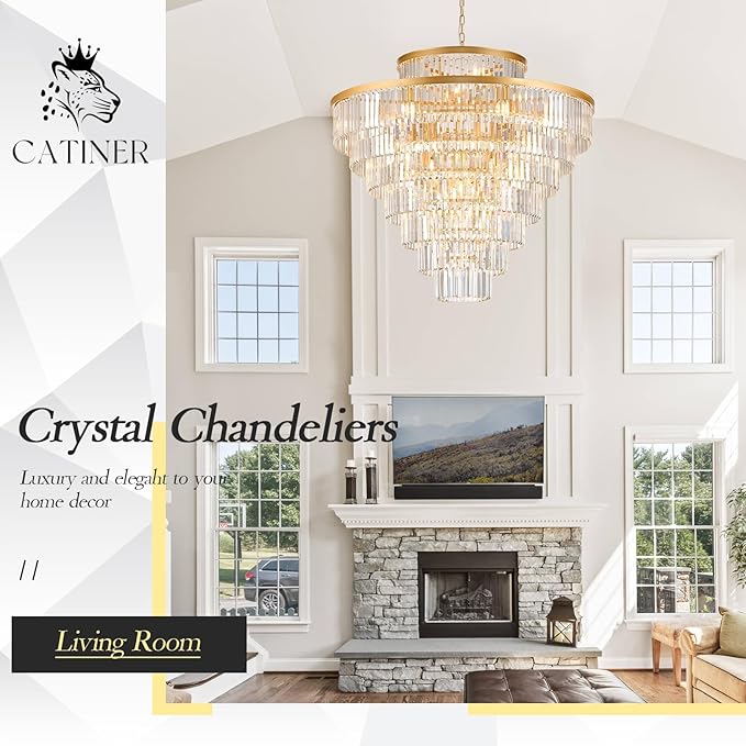 8 Tiers Large Gold Crystal Chandeliers 28 Lights 43.3" Modern Luxury Chandelier for High Ceiling Foyer Round K9 Ceiling Pendant Light Fixture for Living Dining Room Hotel Lobby