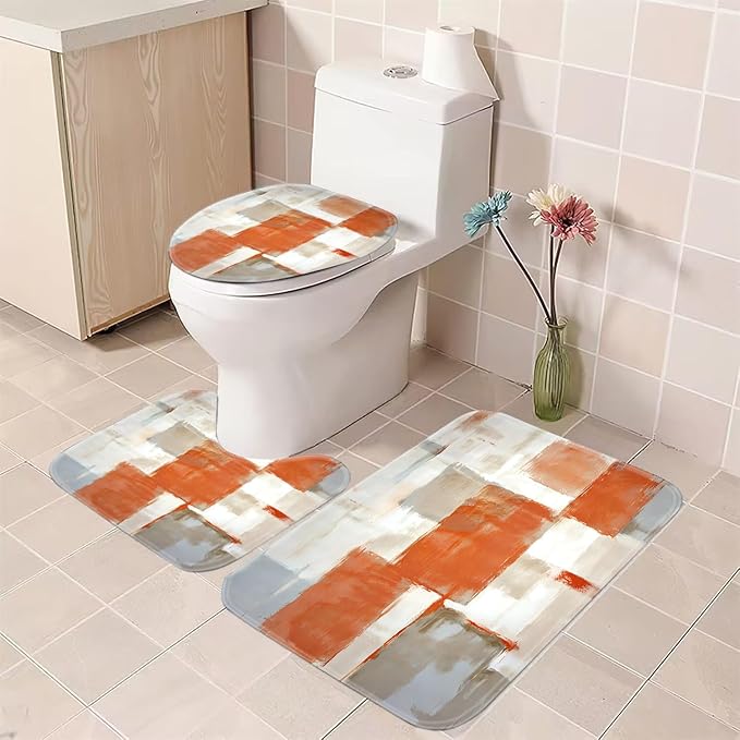 Orange Modern Painting Art Bathroom Shower Curtain Sets with 12 Hooks, 70.8 x 70.8 inches Fabric Shower Curtain, Bath Mat, Toilet Lid Cover, U Shaped Rugs