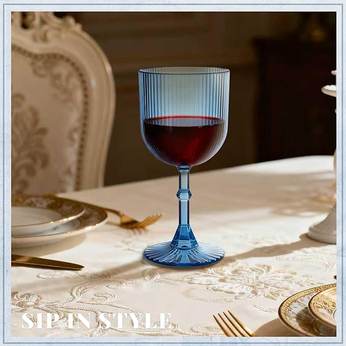 Plastic Wine Glasses 9oz Set of 24, Blue Ribbed Vintage Goblets Unbreakable Reusable BPA-Free Stemmed Drinking Glasses for Parties, Weddings & Events