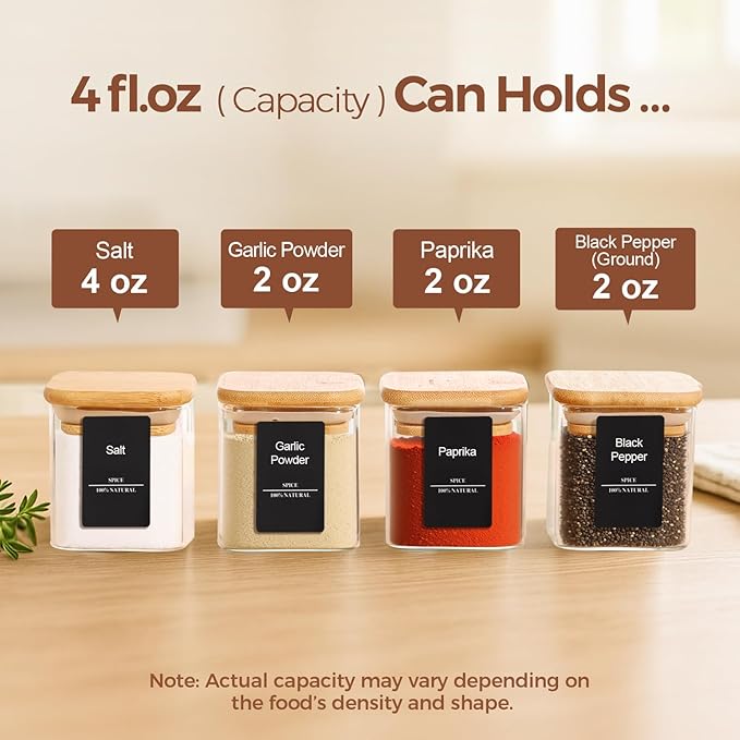 ComSaf 12Pcs Glass Spice Jars with Bamboo Lid, 4oz Airtight Square Spice Containers with 275 Black Lables, Empty Seasoning Jars for Spice Salt Sugar