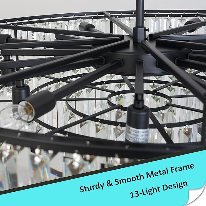 Modern Crystal Chandelier Black, 32" Round Luxury Top K9 Crystal Chandeliers 6-Tier 13 Lights Large Adjustable Height Ceiling Hanging Pendant Light Fixture for Living Room Bedroom Foyer
