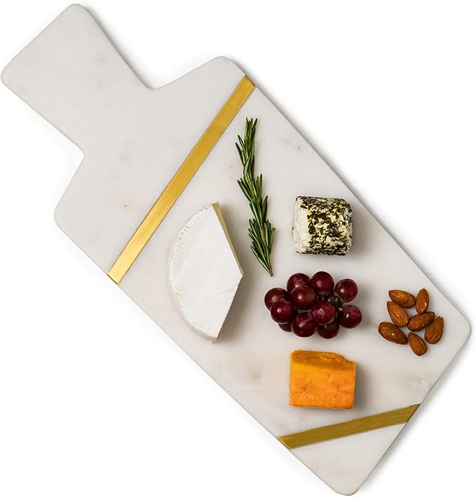 Cork & Mill Marble Cheese Board for Charcuterie, Large Decorative Stone Cutting Board, 15" Long Charcuterie Tray, Unique Gold and White Decorative Meat and Cheese Serving Tray with Handle