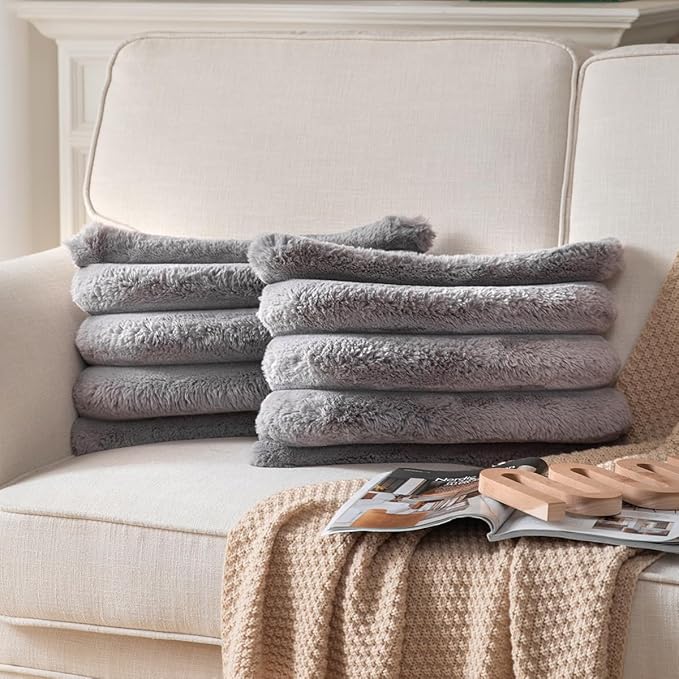 Faux Fur Plush Throw Pillow Covers 12x20 Inch Set of 2 - Luxury Decorative Fuzzy Striped Soft Cozy Pillowcase for Couch, Sofa, Living Room - Darkgrey