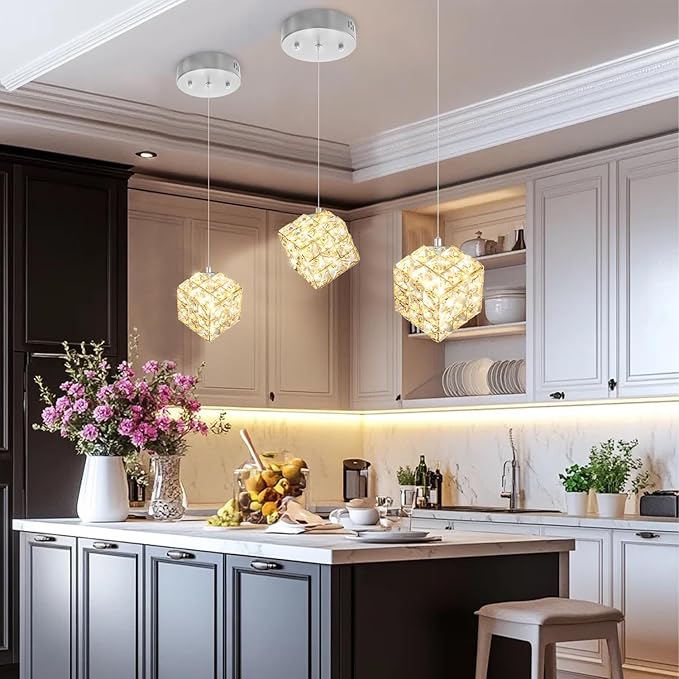 1-Light Modern Chrome Pendant Light Fixtures for Kitchen Island Small Hanging Crystal Chandelier for Bedroom Entryway Living Room Foyer Hallway LED Dimmable Chandeliers for Dining Room