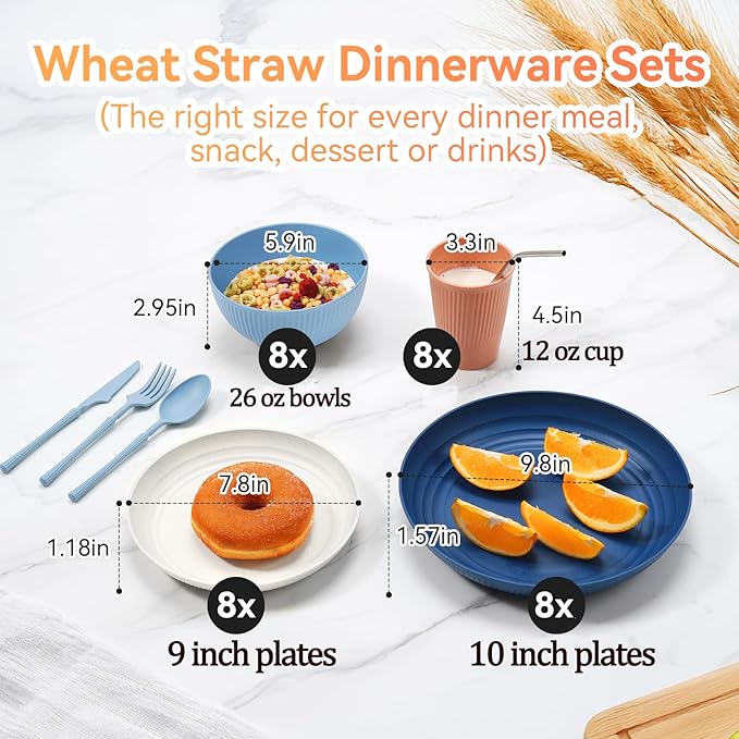 Wheat Straw Dinnerware Sets,64-Piece Plates and Bowls Sets for 8-Unbreakable,Reusable Plastic Dish Set-Dinner Plate/Dessert Plate/Cereal Bowl/Cup/Utensils-Microwavable Dishwasher Safe 64P-Light Gray