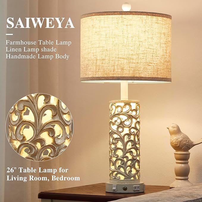 26" Farmhouse Table Lamp - 2 USB A+C 3-Way Dimmable Touch Lamps