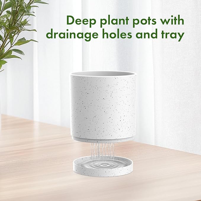 12/10/8 inch Large Plant Pots, 3 Pack Cylinder Deep Flower Pots for Outdoor Indoor Plants, Tall Plastic Planters with Drainage Holes and Saucers for Garden House Plants, Speckled White