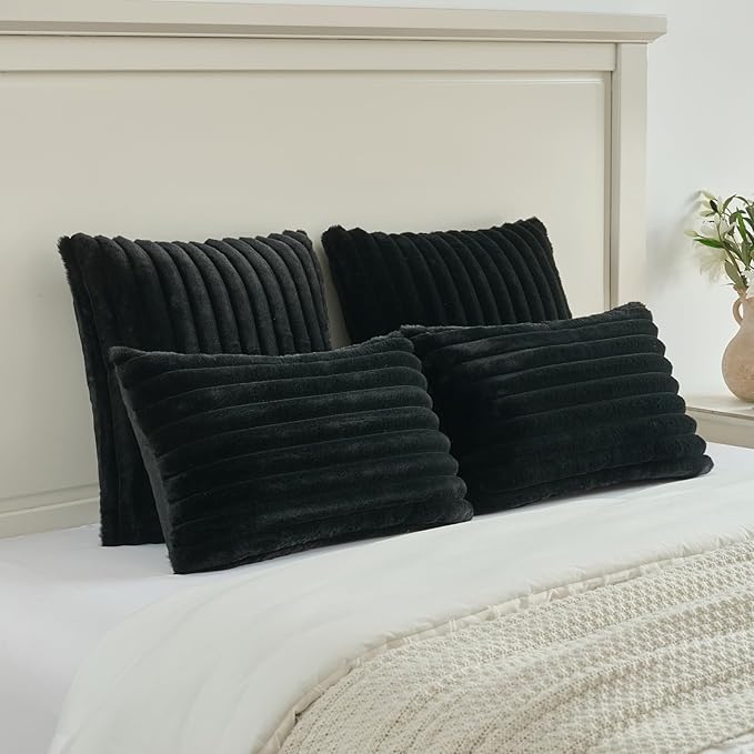 FUTEI Black Striped Decorative Throw Pillow Covers 24x24 Inch Set of 2,Square Winter Decorations Couch Euro Pillow Case,Soft Cozy Faux Rabbit Fur & Velvet Back,Modern Home Decor for Bed
