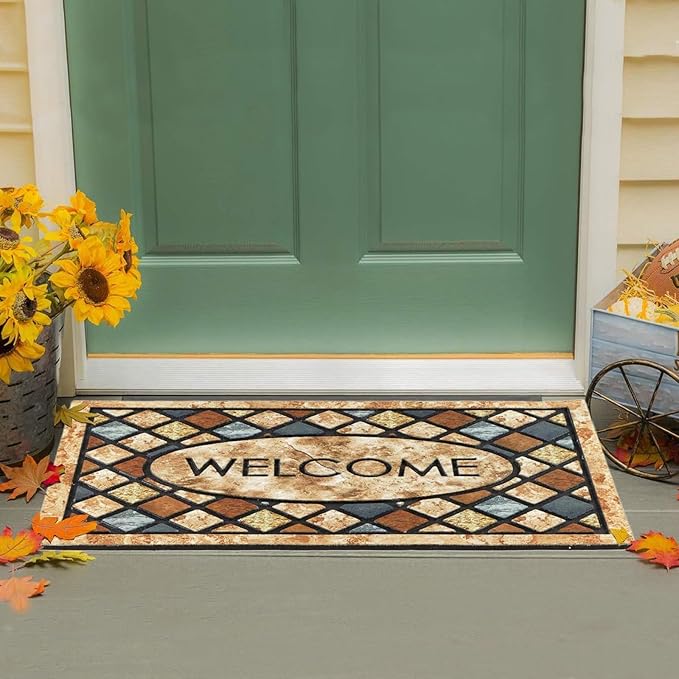 CHICHIC Blue Welcome Door Mat 17x 30 Inch Front Doormat Outdoors for Home Entrance Outdoors Mat for Outside Entry Way Doormat Entry Rugs, Heavy Duty Non Slip Rubber Back Low Profile