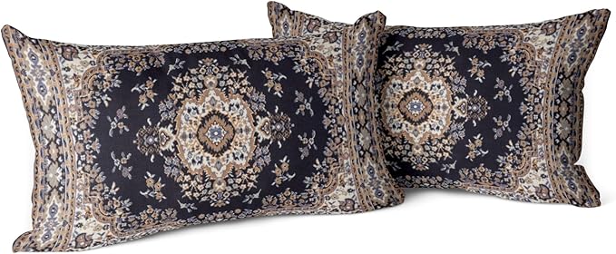 Snycler Boho Throw Pillow Covers 12x20 inch Set of 2 Black Medallion Border Area Rug Double Sided Pattern Cotton Soft Pillow Case Cushion Cover Pillowcase for Couch Sofa Bed Decorative