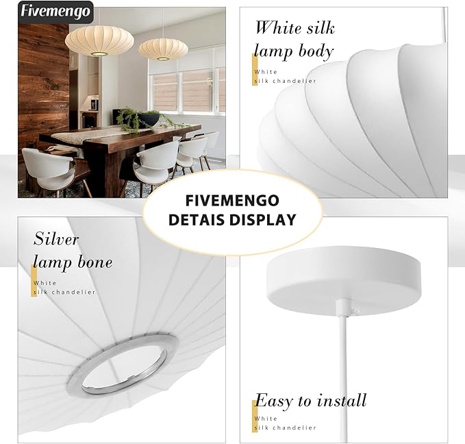 Large 23.6 inch Lantern Pendant Light, White Imitation Silk Lampshade, Bubble Pendant Light, Hanging Lamp Simple Chandelier for Living Dinning Room Kitchen Island Bedroom Restaurant Cafe