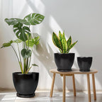 Ceramic Plant Pots - 10+8+6 Inch Modern Round Planters for Indoor Outdoor with Drainage Holes and Plant Saucers, Room Patio House Office Decor, Gardening Gifts for Women Men, Set of 3, Black