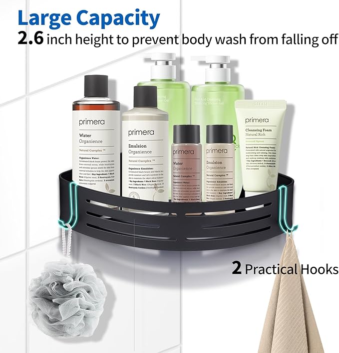 Shower Caddy Shelf Rack, Self Adhesive Shower Shelves with Hooks, Rustproof Bathroom Organizers and Storage, Home Decor Accessories (Triangle-Black)
