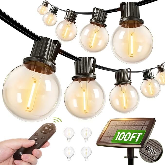 addlon 100FT Solar String Lights Outdoor with Remote, 54 LED Shatterproof Bulbs, Dimmable & Timable, 3 Light Modes, G40 Waterproof Solar String Lights for Outside Backyard Party Decor