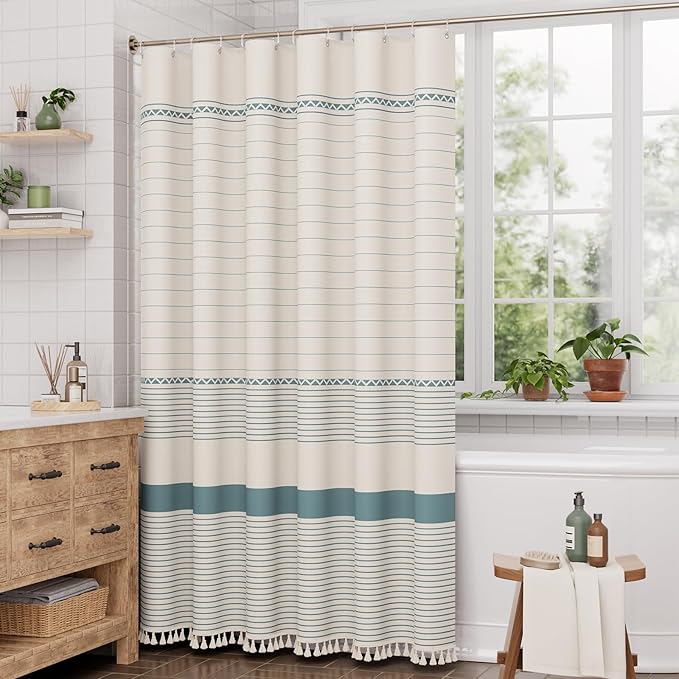 AmazerBath Farmhouse Shower Curtains for Bathroom, Boho Shower Curtain Set with Tassels, Rustic Faux Linen Blue Striped Neutral Shower Curtain with Hooks, Light Tan Toned, 72x72 Inches
