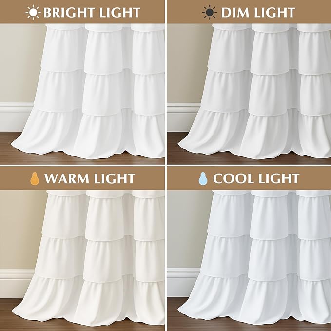 Seasonwood White Ruffle Shower Curtain Farmhouse Vintage Handcrafted Rustic Decorative Fabric Shower Curtains for Bathroom, 72" x 72"