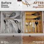 Bamboo Kitchen Silverware Drawer Organizer - 13 Inch Utensil Tray with 7 Slots and Deep Grooved Dividers for Flatware Cutlery Knives, Forks, Spoons - Kitchen Utensil Holder