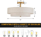 Modern Semi Flush Mount Ceiling Light 18" Modern Gold 3-Lights Drum Ceiling Lighting Fixture Vintage Linen Golden Ceiling Lamp for Laundry Room, Kitchen, Basement, Dining Room, Bedroom