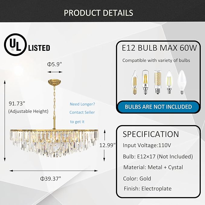 Gold Crystal Chandelier for Dining Room, 40" Modern Round Luxury Chandeliers 7-Tier 17 Lights Large Adjustable Height Ceiling Hanging Pendant Light Fixture for Living Room Bedroom Foyer