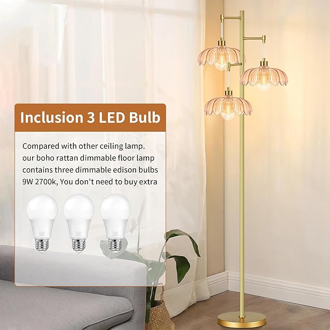 Gold Floor Lamps for Living Room 3 Lights Floor Lamp with Glass Lampshape & Three Led Bulb,Mid Century Standing Lamp Vintage Brass Tall Lamp Tree Floor Lamp for Bedroom Corner