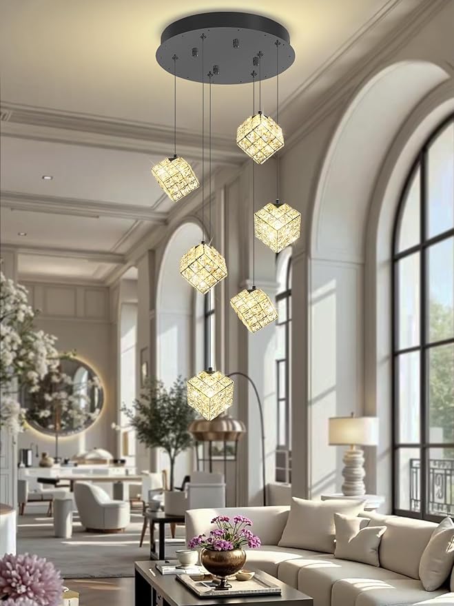 6-Lights Crystal Chandeliers for Staircases Modern Black Chandeliers for High Ceilings Crystal Pendant Light Fixture for Living Room Kitchen Island Foyer Hallway Bar