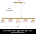 47" W Brass Chandelier Light Fixture with Stained Glass Shade, Modern Brushed Gold Island Lighting for Kitchen Dining Room