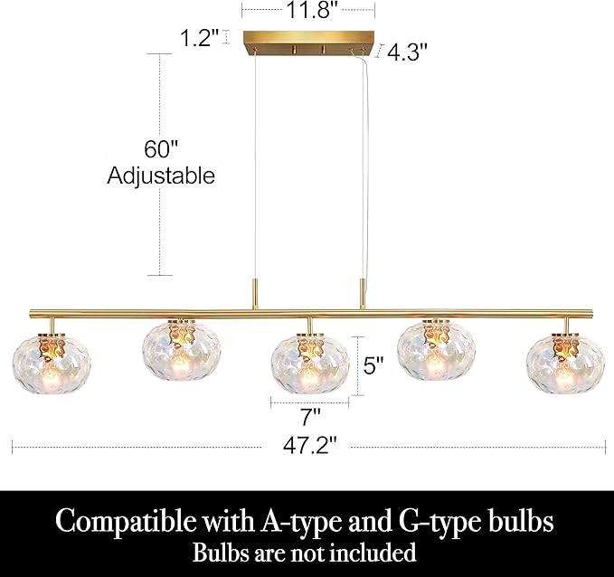 47" W Brass Chandelier Light Fixture with Stained Glass Shade, Modern Brushed Gold Island Lighting for Kitchen Dining Room
